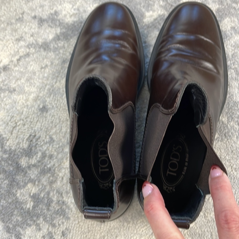 Tods Chelsea Boots Dark Brown Glossy Smooth Leather Shoes US 7.5 - Picture 9 of 13